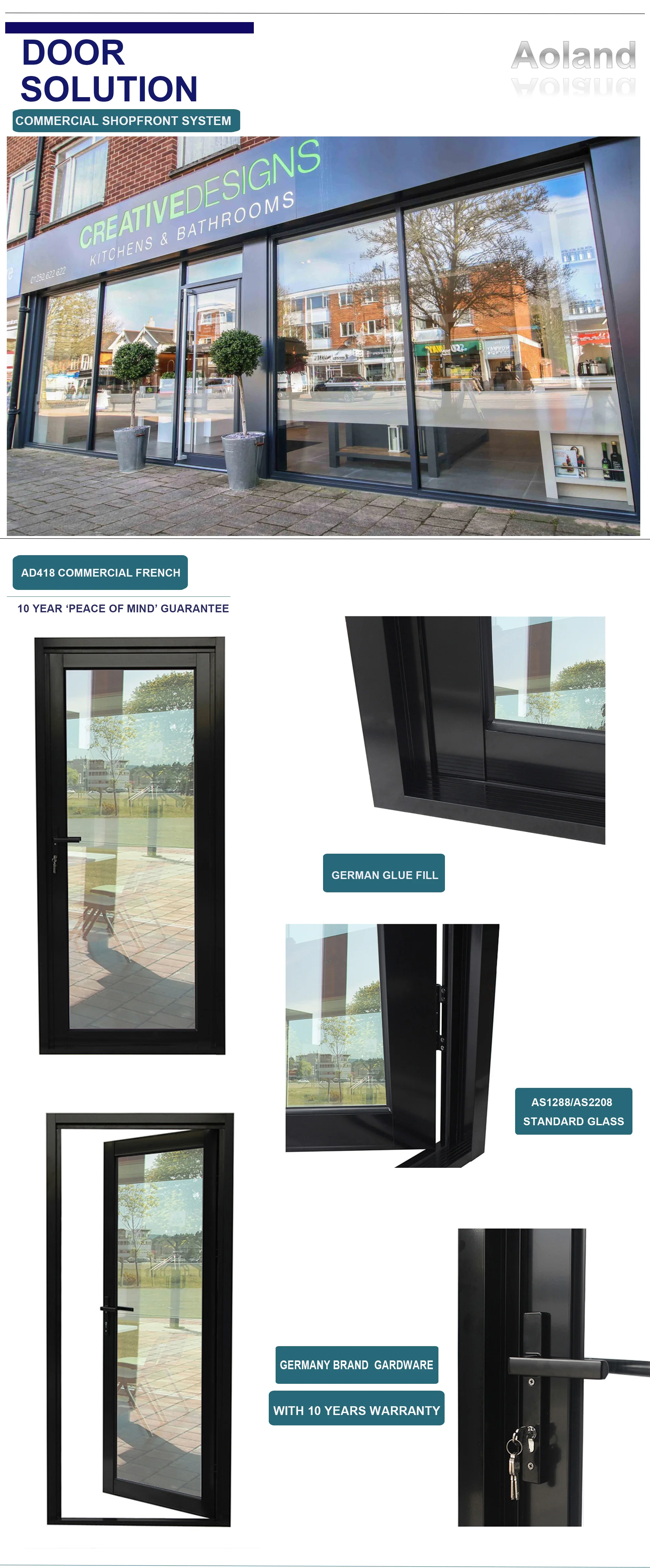 Aluminium black french door exterior shopfronts design inward open for commercial building