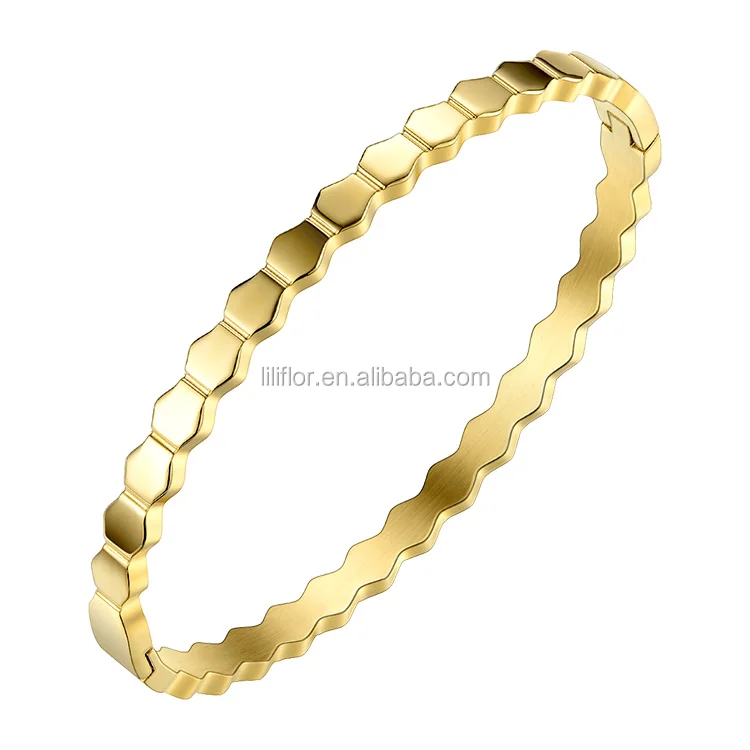 18K Gold Plated Stainless Steel Jewelry Hexagon Shape Cuff Bangles Gold Color Bracelets BM182007