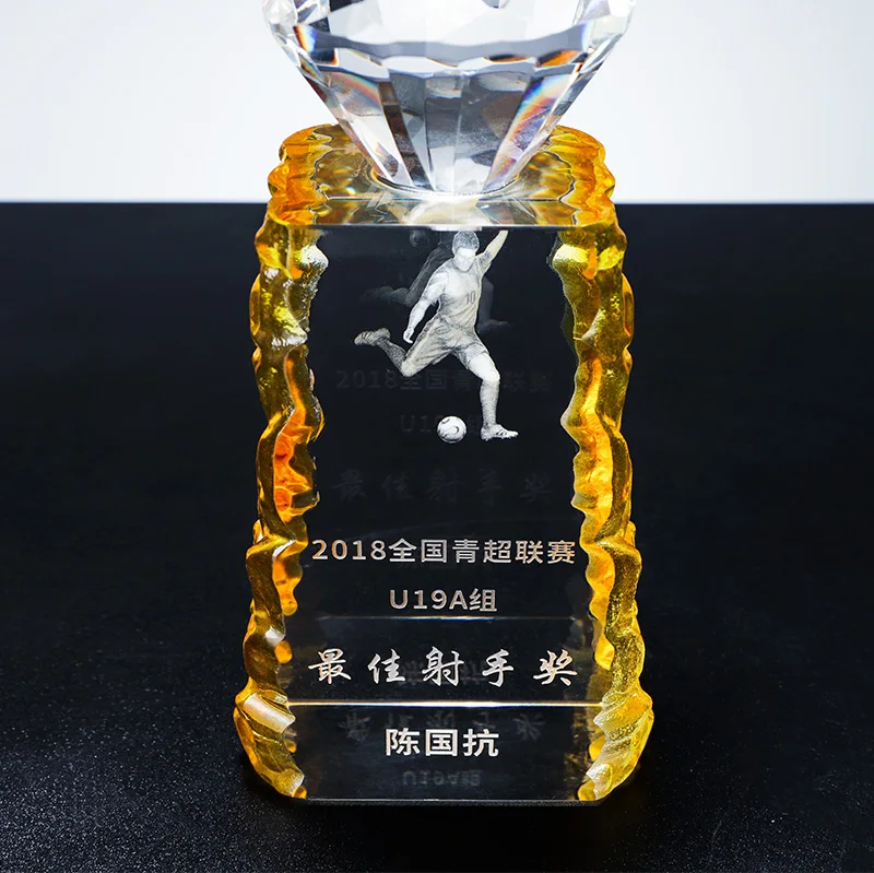 Hot Sale Gold Plated Crystal Soccer Ball Sport Trophy Premium Award Plaque factory