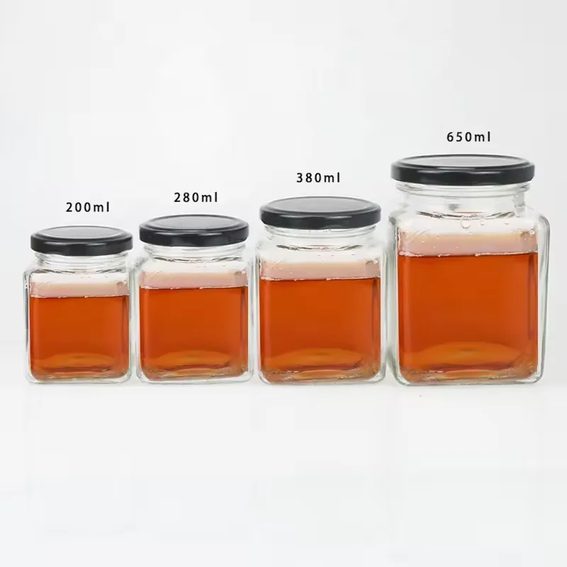 Supplier Black&gold&red&white metal Lids Square glass food jars square glass Jars for Storage Food Honey details