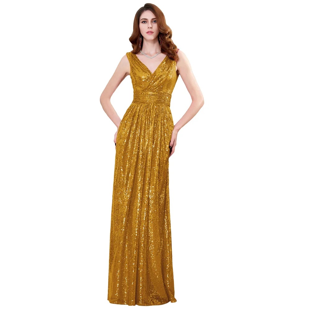 Kk000199 Sleeveless V-neck Golden Shining Sequined Long Wedding Dresses ...