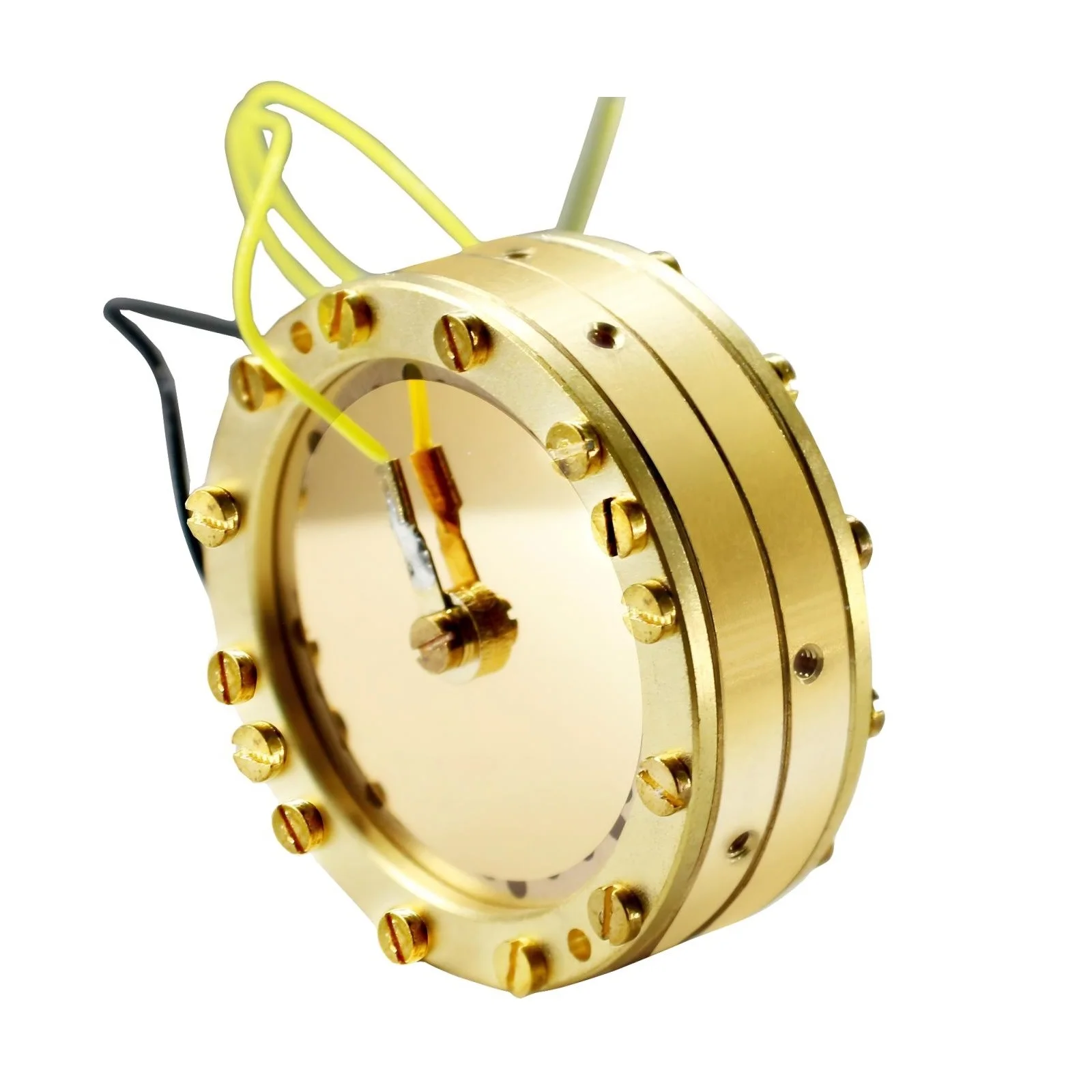 Close-up of a 1/2-inch electret condenser capsule with gold-sputtered diaphragm and PCB mount