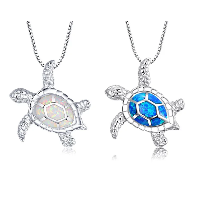 Blue Fire Opal Turtle Pendant Necklace