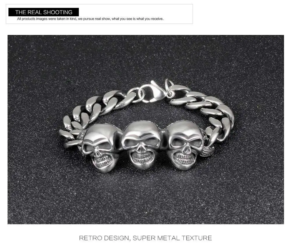 Selling Fashionable Stainless Steel Jewelry Charm Three Skull Men Bracelet
