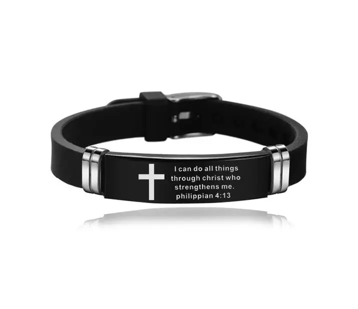 New Design Bible Verse Bracelets Men Silicone Bracelet Bible Prayer Quotes Christian Prayer Cross Engraved Statement Bracelet