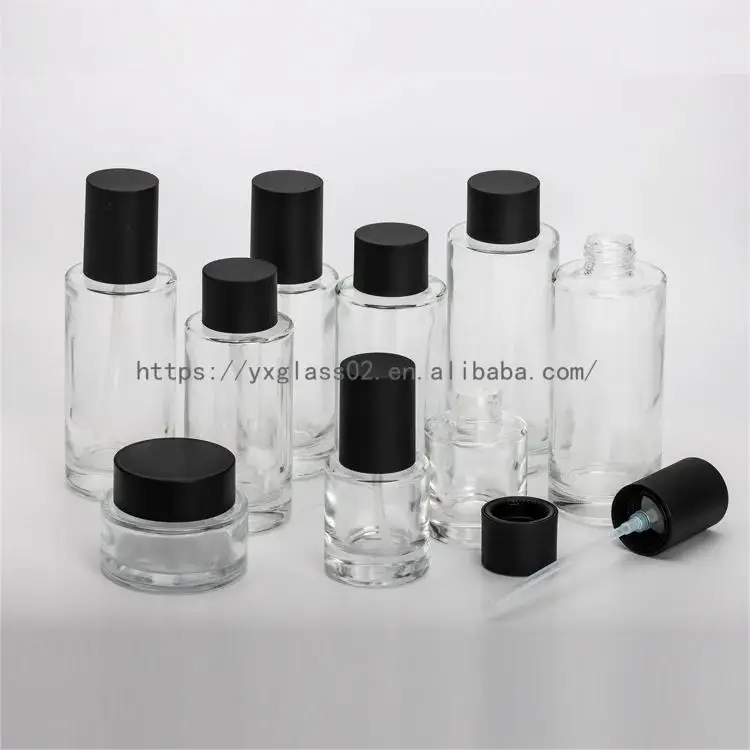 Custom round flat shoulder dropper /pump/cream glass bottles cosmetic set  custom color 50ml100ml120ml150ml30g50g factory