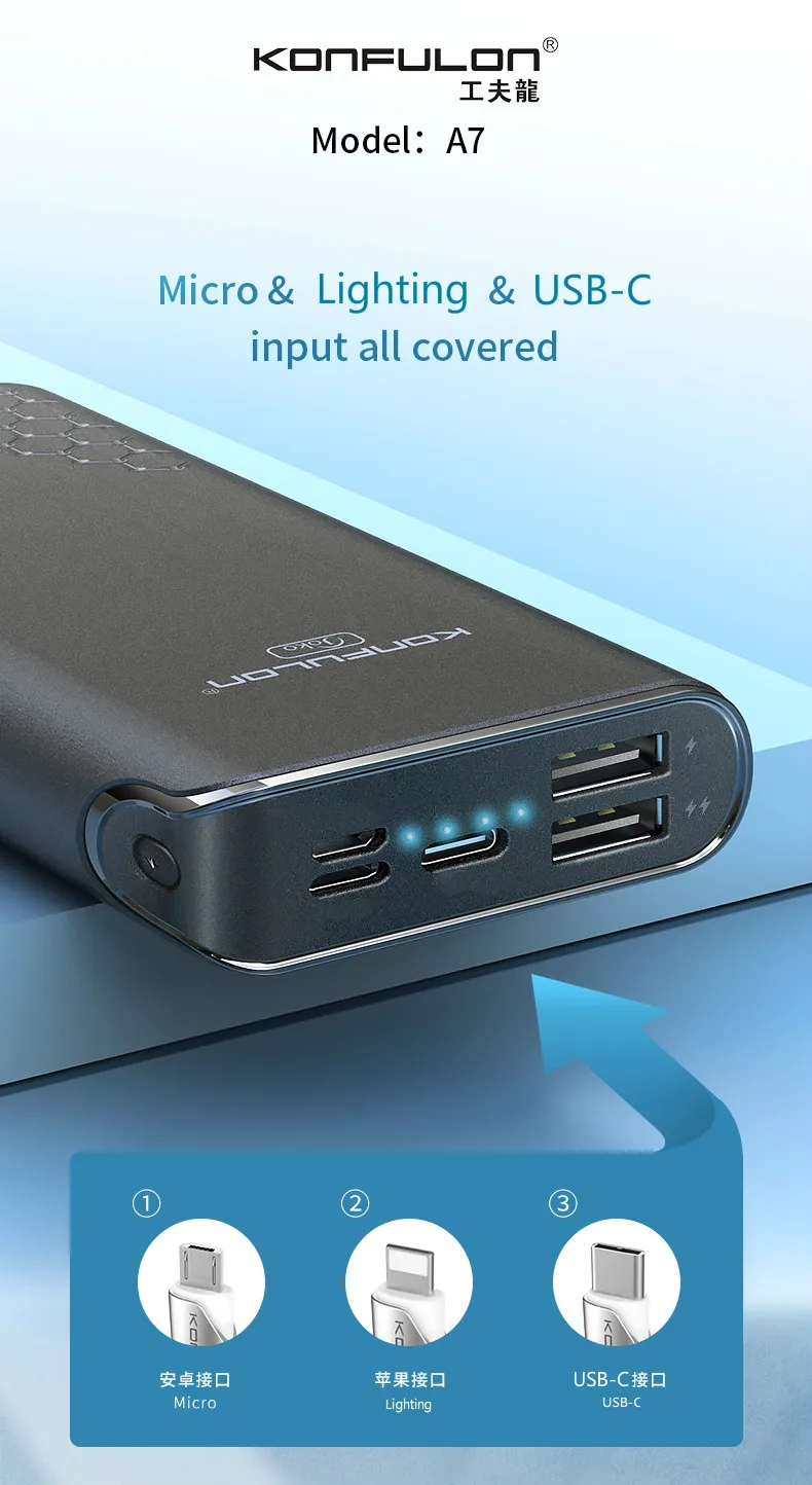 Konfulon Portable 3 Input Ports Power Bank 20000mAh High Capacity Thin Slim Small - ANKUX.COM