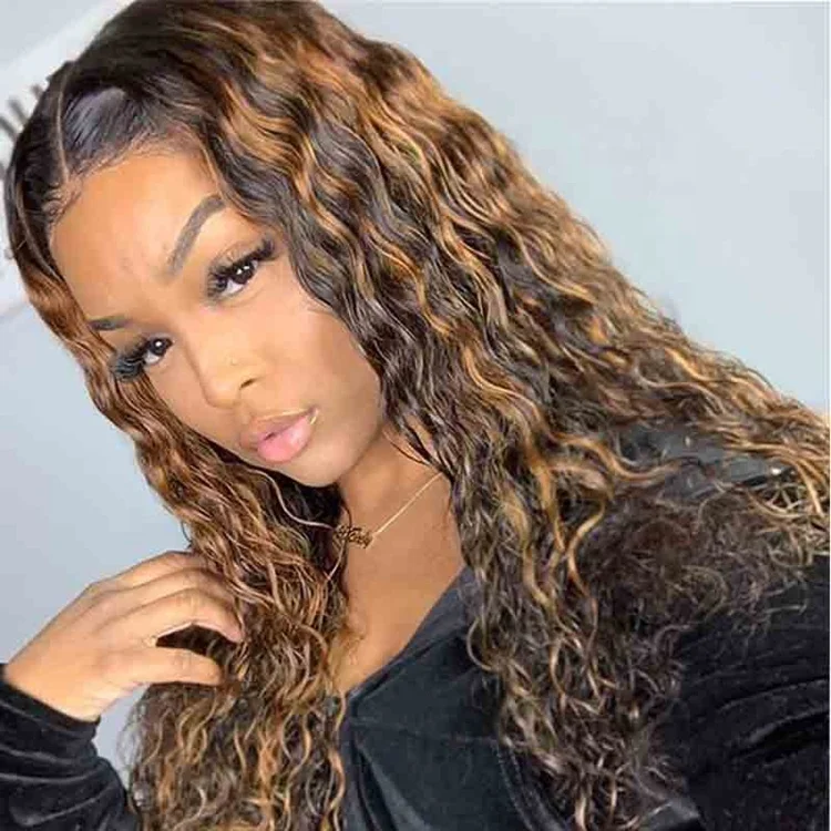 Ponytail Honey Brown Highlight Color Wet Curly Virgin Cuticle Aligned
