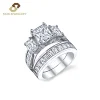 Hot Selling Antique Romantic Prong Setting Three Pieces Cubic Emerald Diamond 925 Sterling Silver Wedding Rings
