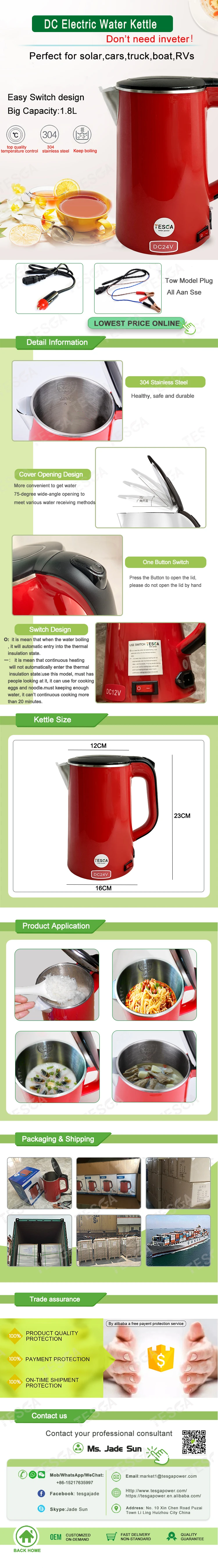 African 12v Dc Solar Powered Water Kettle Large Capacity 1.8l With Battery Clip For Cooking