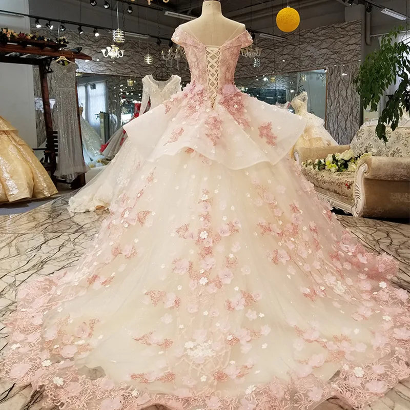 Elegant Pink Lace Princess Wedding Dresses 2019 African Black Girls Lace up Sheer Neck Puffy Cheap Ball Gowns Bridal Gowns