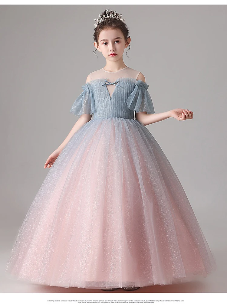 Girls Gown Long Lace Wedding Party Dress Kids Girls Elegant Prom Puffy ...