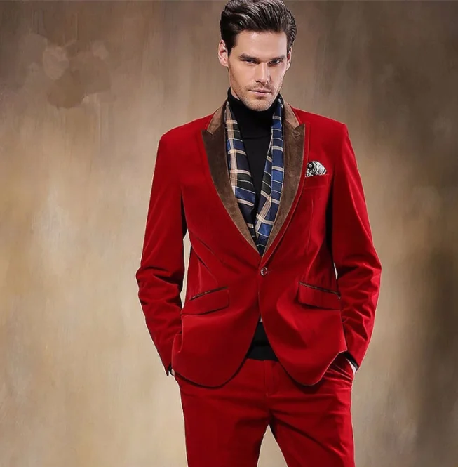 2 Piece Red Velvet Coat Pant Men Suit Party Prom Wedding Evening Dress Suit