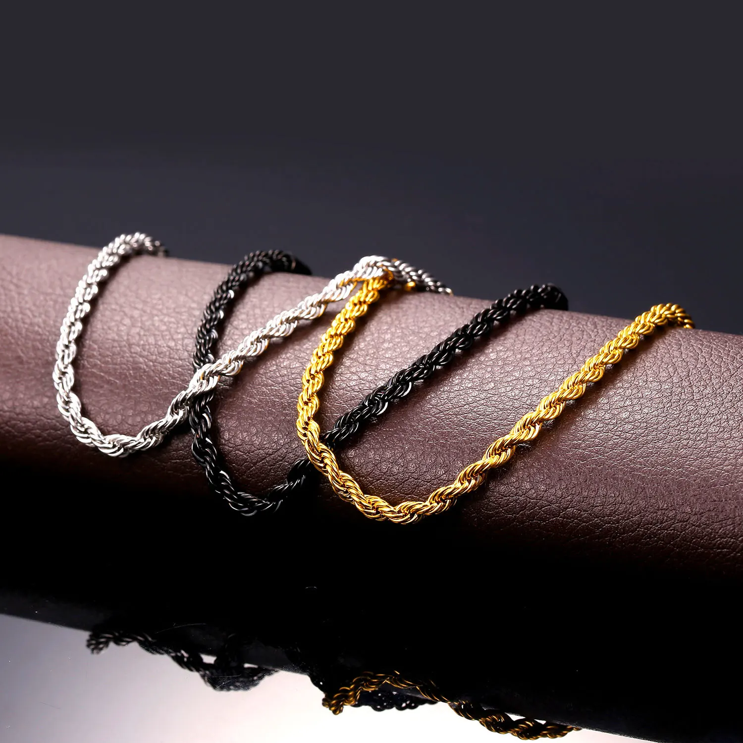 镀金男士首饰时尚厚重绳链不锈钢偷手镯