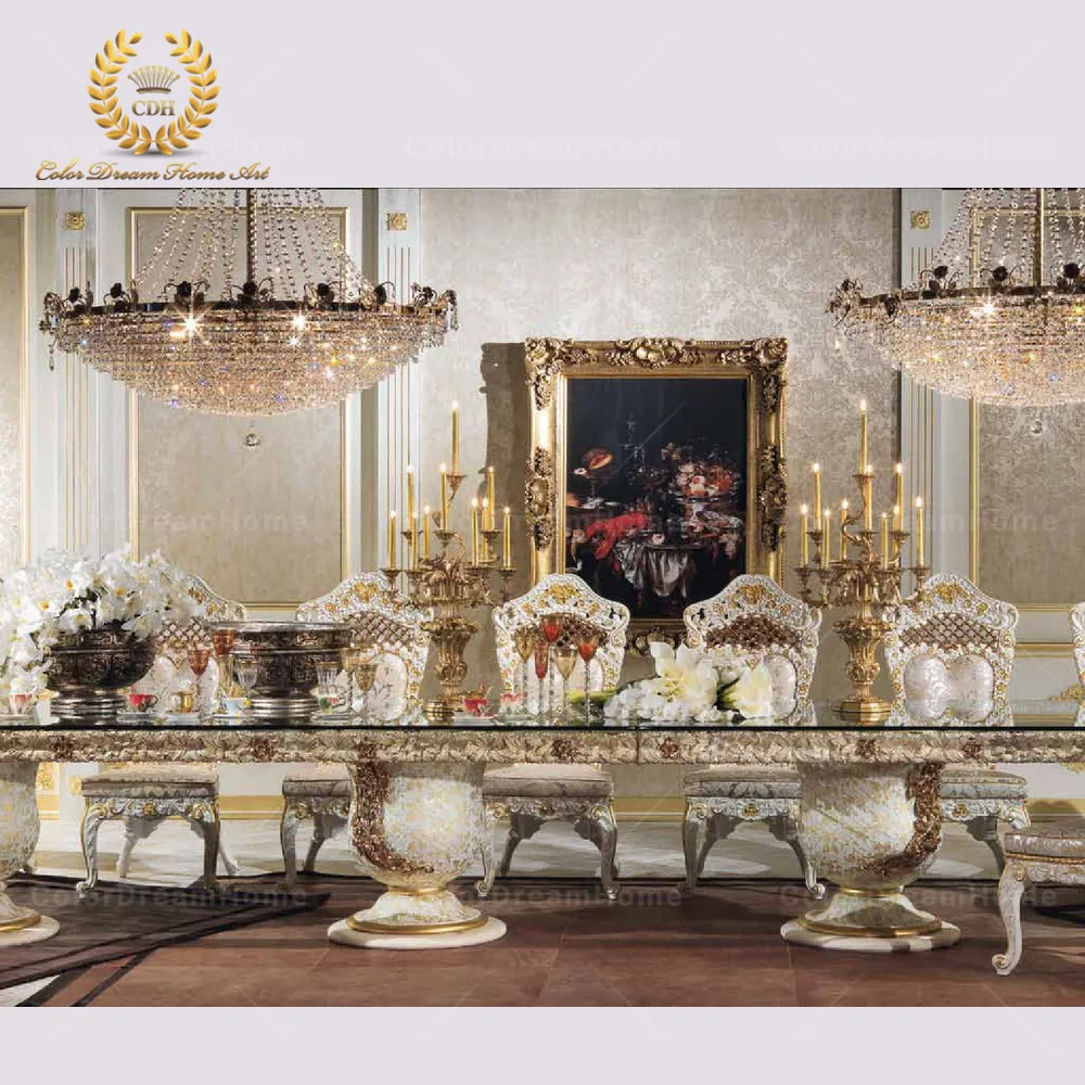 French Royal Luxury White Long Dining Tables And Chairs Set For Dining
