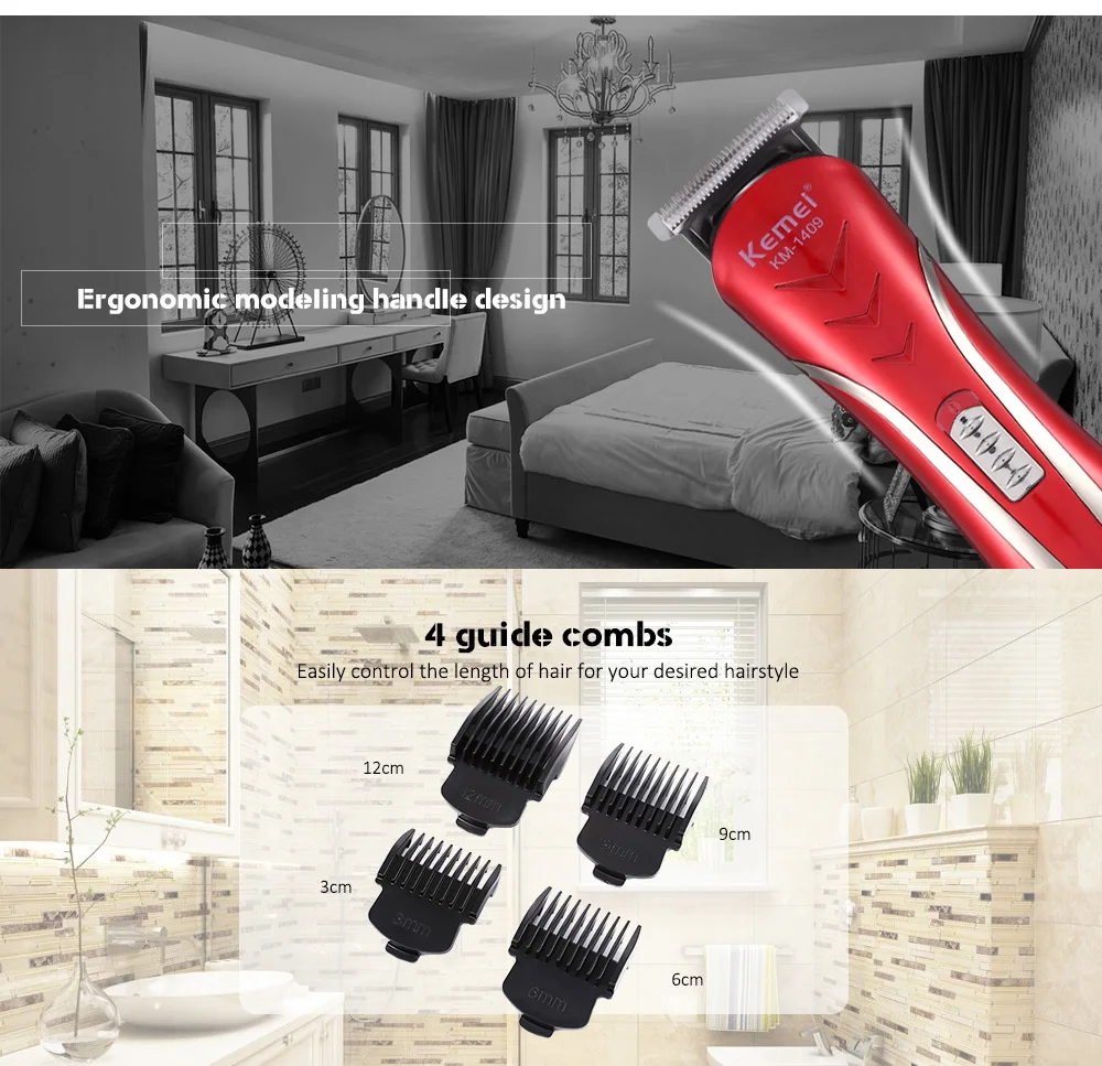 Kemei-1409 New Rechargeable Electric Hair Clippers 4 Free combs for Use with Hair Shaver For Adults and  Children