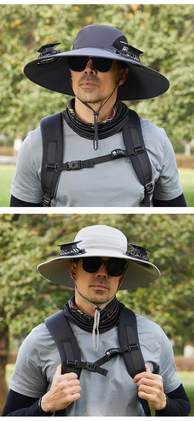 Men's Large Size Quick-Dry Sun Hat Outdoor Camping Hiking Fishing Solar Charging Fisherman Hat Wide Brim Portable Wearable Fans