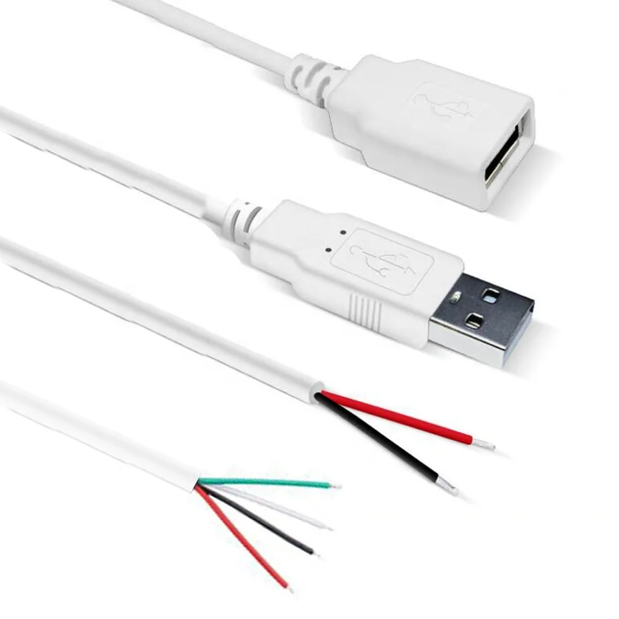Close-up of 4-pin USB-A pigtail with color-coded red/black/green/white wires and tinned tips