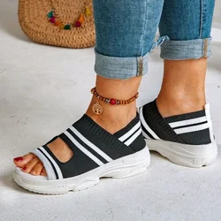 2021 Women Sandals Shoes Striped Thick Bottom Sports Fish Mouth Sandals Casual Comfortable Ladies Plus Size Women Wedges Shoes