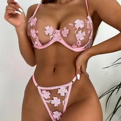 Women Pink Lingerie Push Up Bra Sexy Transparent Underwear Lingeie Set
