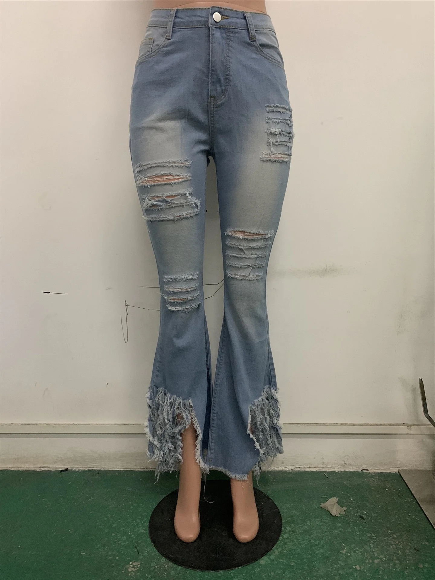 New Distressed Flare Jeans Ripped Bell 