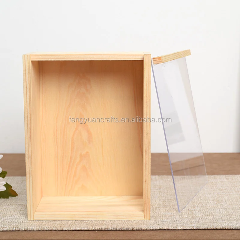 Cheap Unfinished Pine Wooden Gift Boxes With Clear Acrylic Sliding Lid