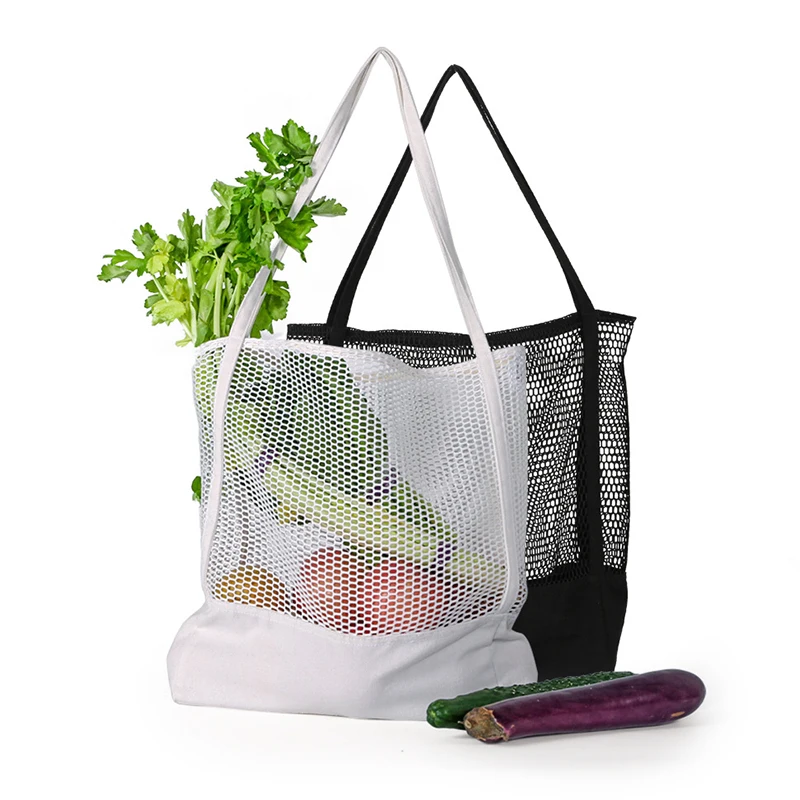 Cotton Mesh Beach Bags,Grocery Produce Tote Bag With Pockets For Gym
