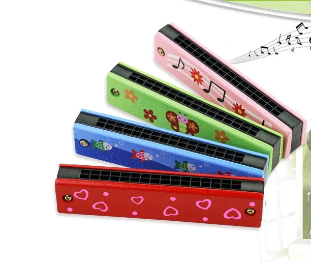 Wooden cartoon 16 hole double row harmonica children's wooden puzzle instrument