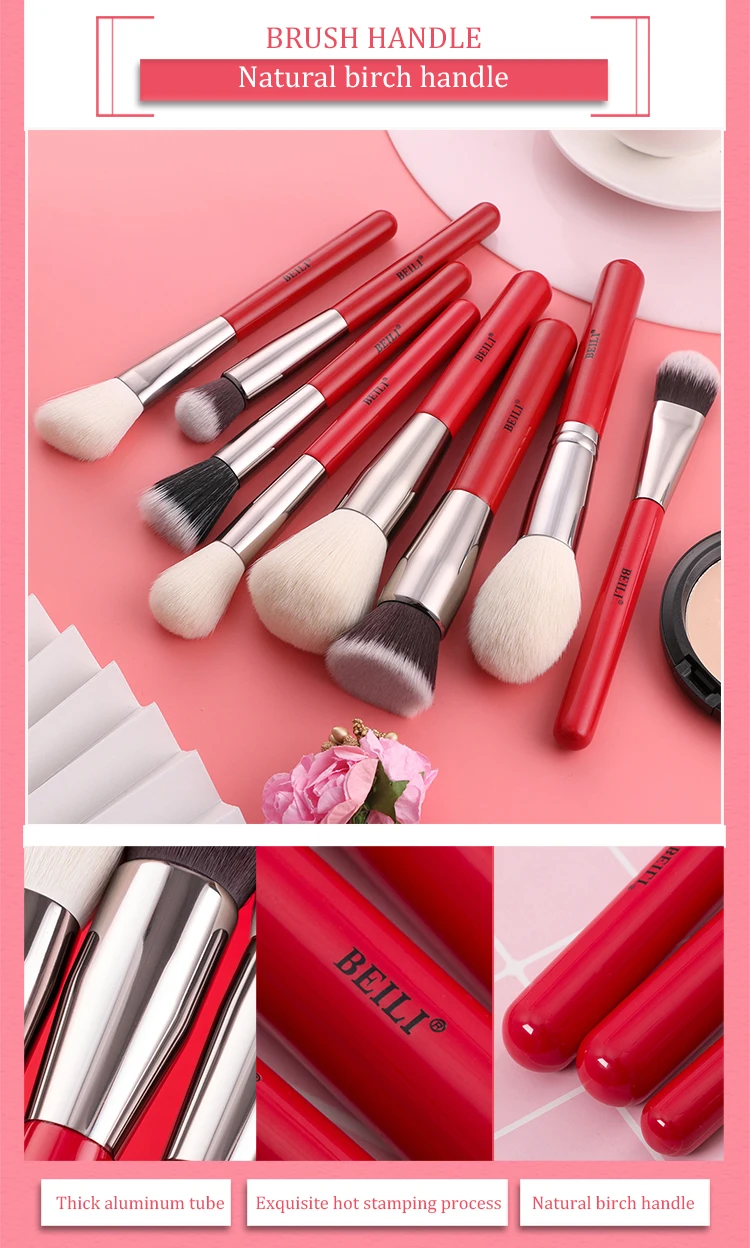 Beili Red Pcs Make Up Brushes Private Label Natural Goat Pony Hair Matte Handle Face Makeup