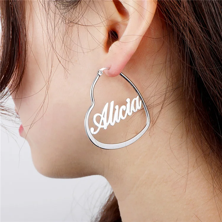 Stainless Steel Jewelry Personalized Heart Hoop Earring Custom Silver Name plate Earrings For best friend gift