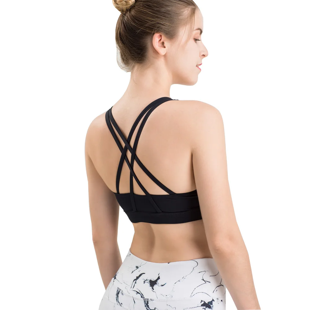 Black Cross Back Yoga Sport Bra U Neck Full Cleavage Comfortable