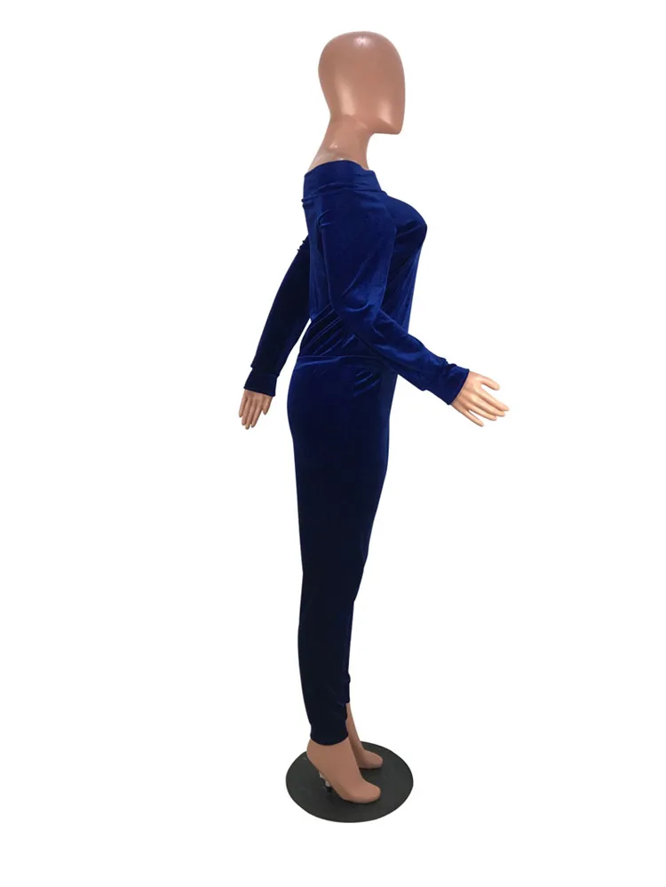 SAZH5055 off the shoulder hoodies and long trousers ladies two piece set women western velvet pant suit