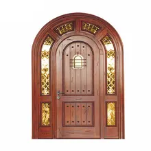China Leveranciers Dubbele Entry Effen Zwarte Walnoot Houten Deur Smeedijzeren Dubbele Toegangsdeur Arch Top Glas Voordeur