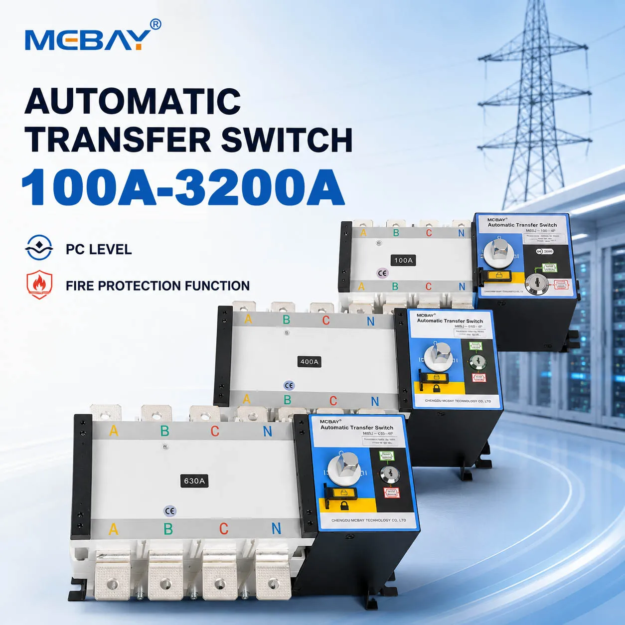 300A 4-pole manual rotary changeover switch with busbar connections and IP54 enclosure