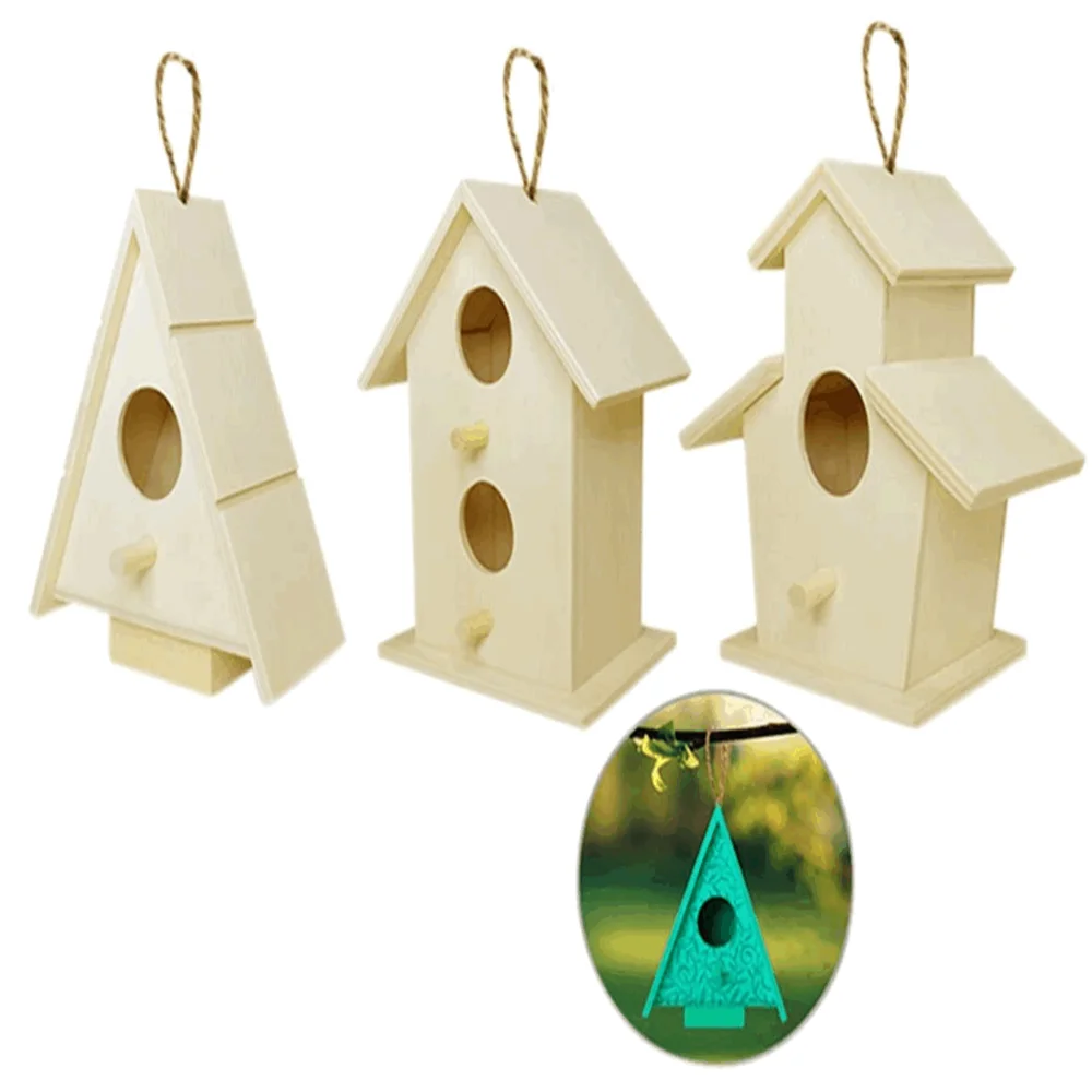 Set of 3 unfinished garden decoration natural solid wood kids DIY toy factory wholesale bird house kids