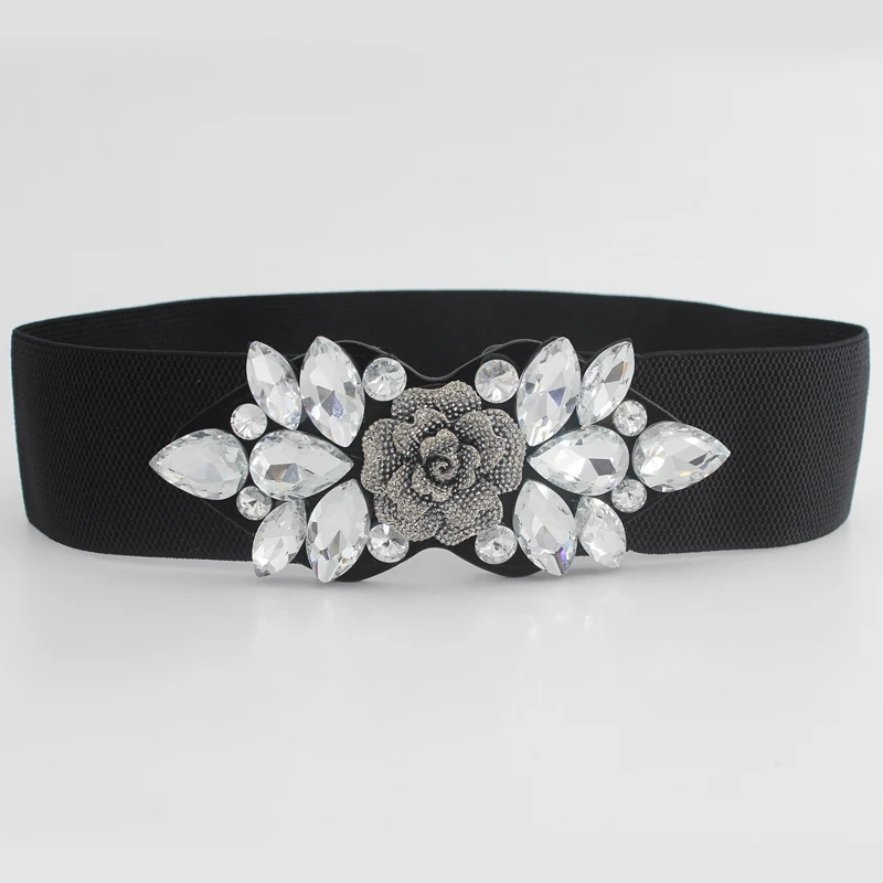 Women Rhinestone Wide Elastic Belt Waistband With Bling Diamond Jewelry
