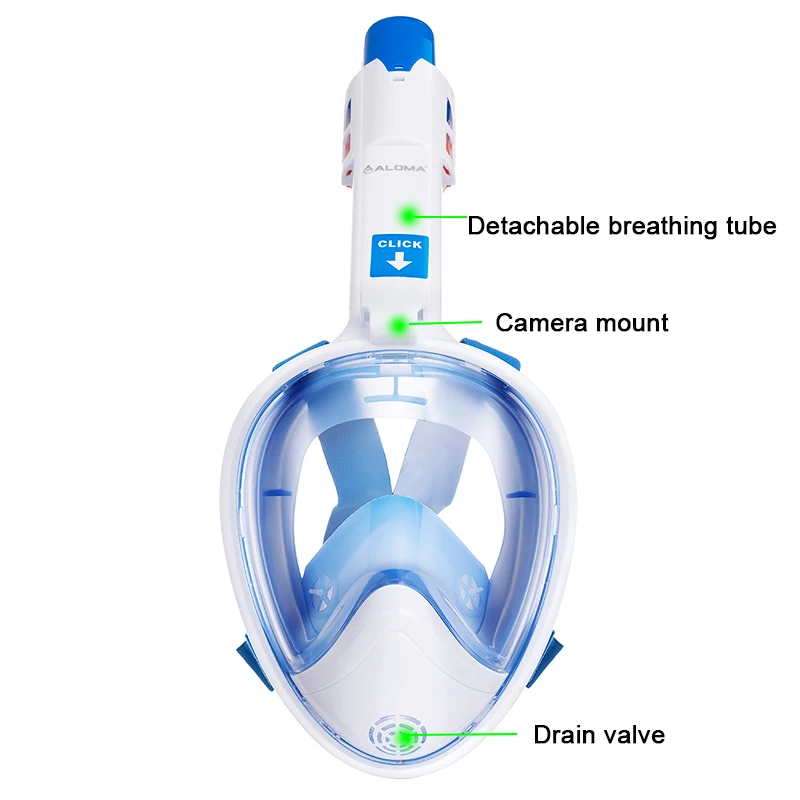 Aloma Popular snorkel mask 180 degree silicone full face snorkel mask 1single breathing tube for adult details