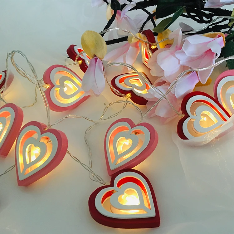 2AA Battery Operated Wooden Double Layer Red Heart String Led Light Fairy Valentine's Day  Decoration