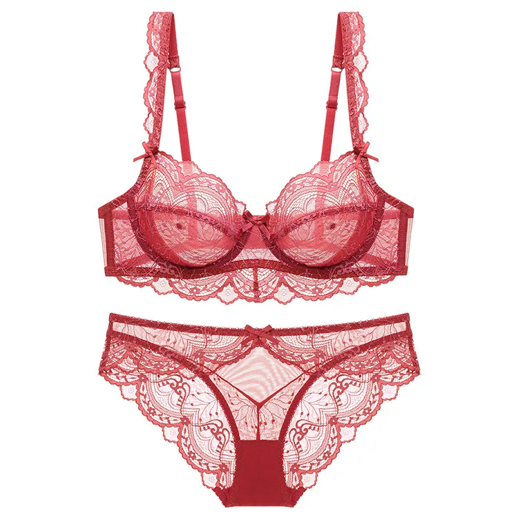 Women's Ultra-Thin Non-Sponge Transparent Lace Bra Set Floral Embroidered Sexy Underwear Large Chest Breathable Plain Dyed Waist
