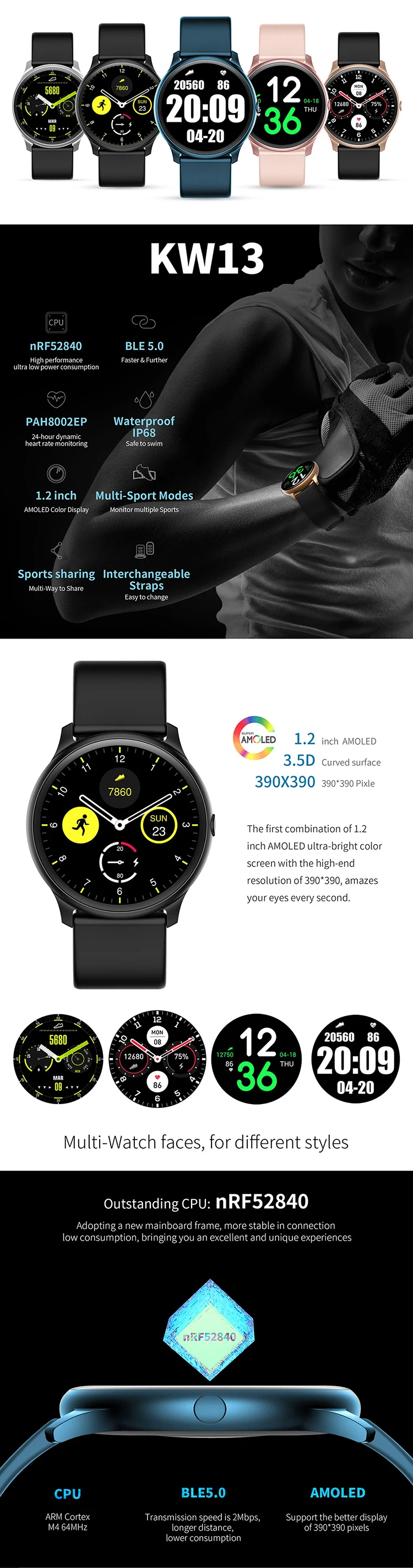 New arrival KW13 smart watch round AMOLED High Definition Screen smartwatch with calls message reminder