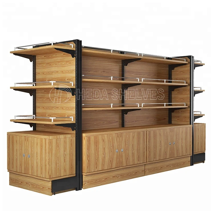 Retail Store Wood Shelving Supermarket Display Metal Shelf And Grocery Island Wooden Gondola