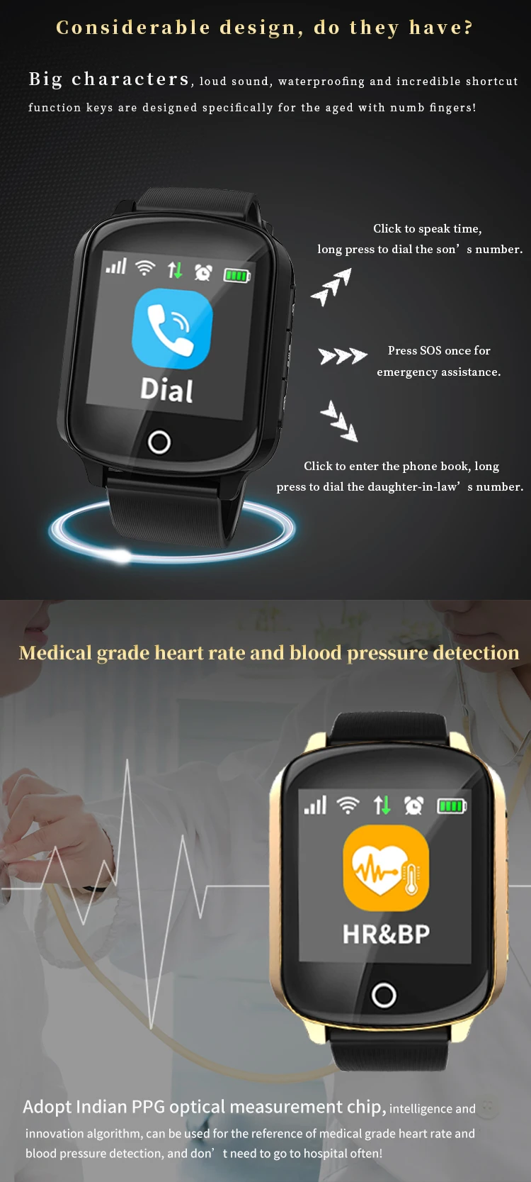 2019 Wifi Fall Down Alarm Smartwatch Heart Rate Smart Watch Touch