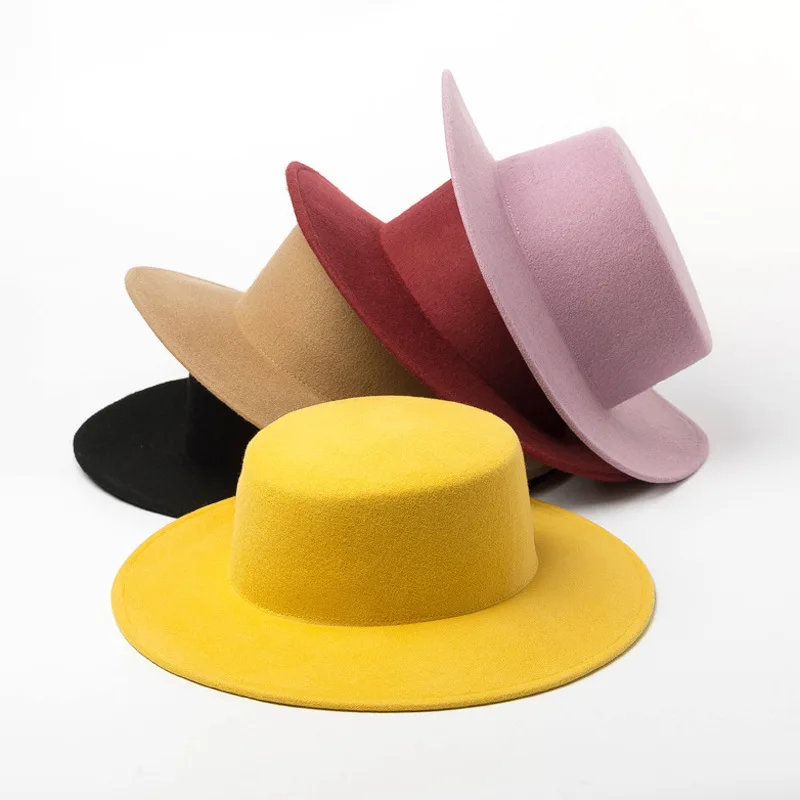 Womens yellow elegant wool felt boater hat wholesale