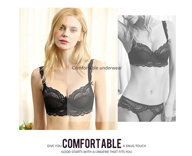 Women's Ultra-Thin Non-Sponge Transparent Lace Bra Set Floral Embroidered Sexy Underwear Large Chest Breathable Plain Dyed Waist