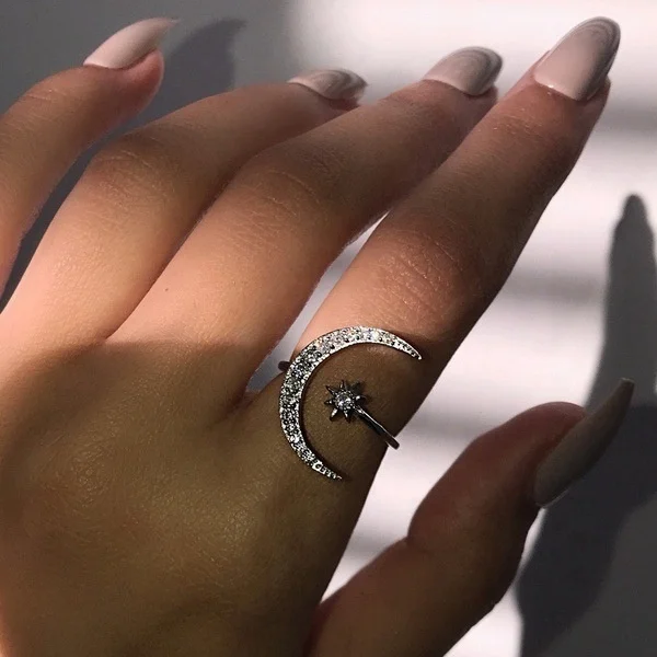 Оптовая продажа горный хрусталь позолоченные Луна Звезда регулируемые свадебные кольца для женщин ювелирные изделия