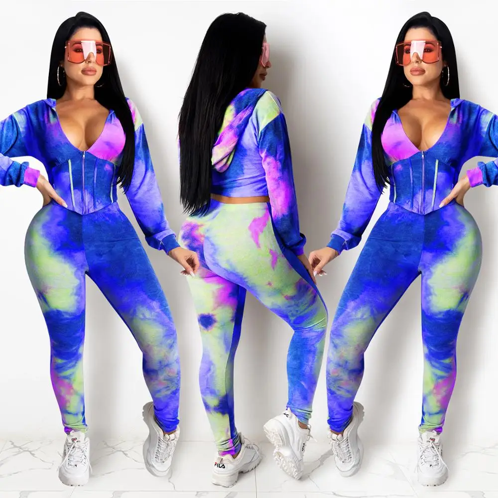 X3686 New collections wholesale tie dye long sleeve women casual sets hooded bodycon zipper fall outfit beautiful winter 2 piece