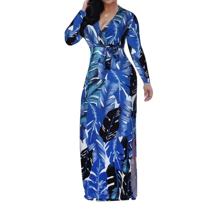 New Arrival African Kitenge Dress Designs Women Plus Size V Neck Floral Printed Sexy Maxi Dress 9025