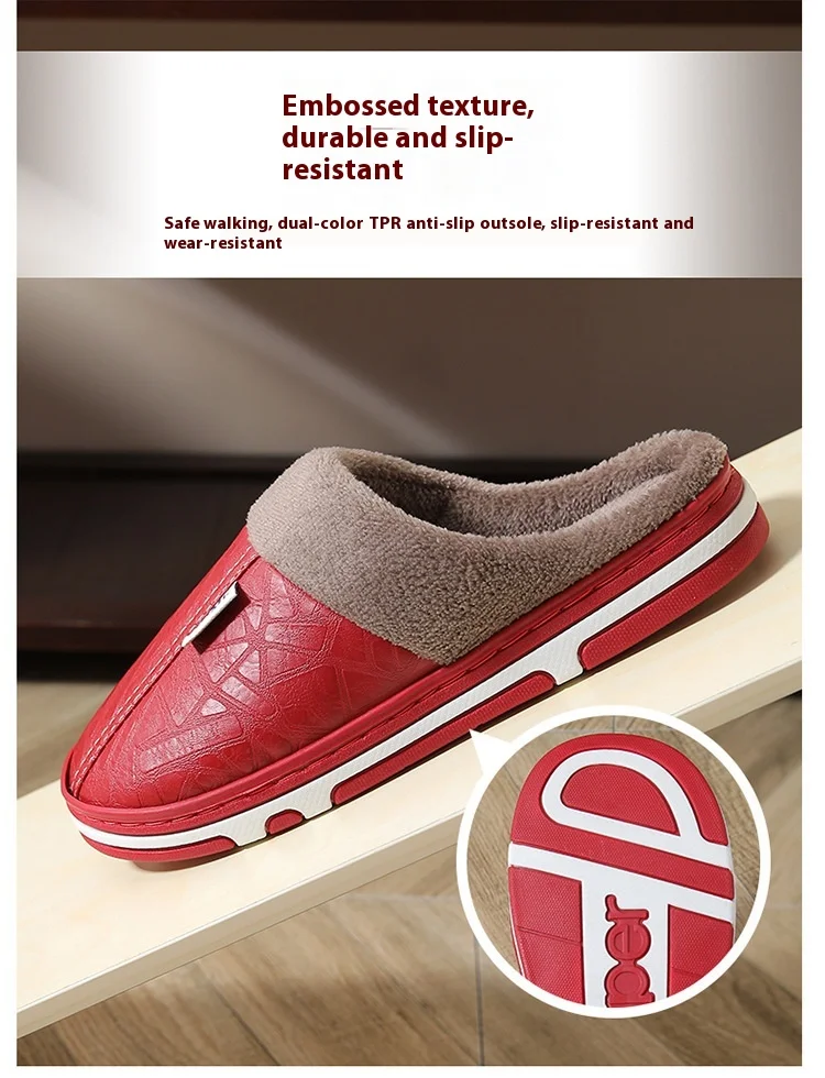 Men's Thick Bottom Fleece-Lined PU Cotton for Slippers Non-Slip Indoor Outdoor Home Shoes with Closed Toe Fluffy Style