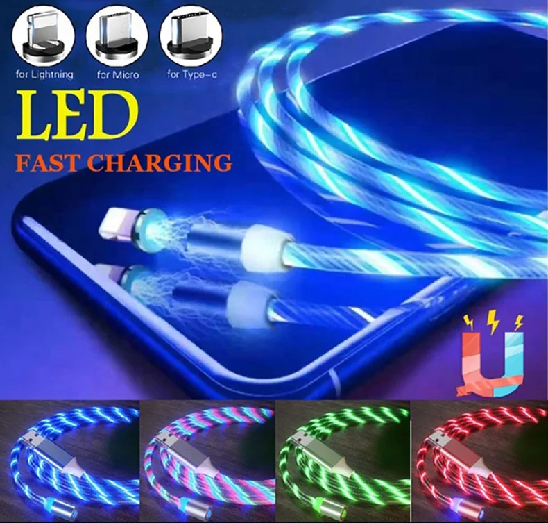 High Quality Usb Magnet Phone Charger 3 in 1 Micro Type C 8P Glow Led Glowing Flowing Fast Magnetic Charging Cable - ANKUX.COM