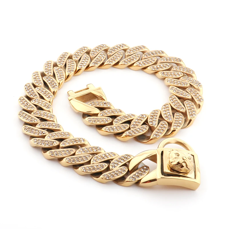 Custom Stainless Steel Welded Gold Plated Diamond Dog Collar Pet Dog